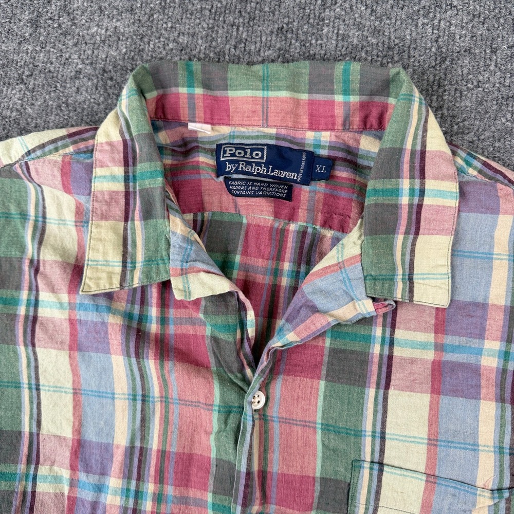 Vintage Polo Ralph Lauren Shirt Mens XL Hand Woven Madras Plaid Camp Loop Collar